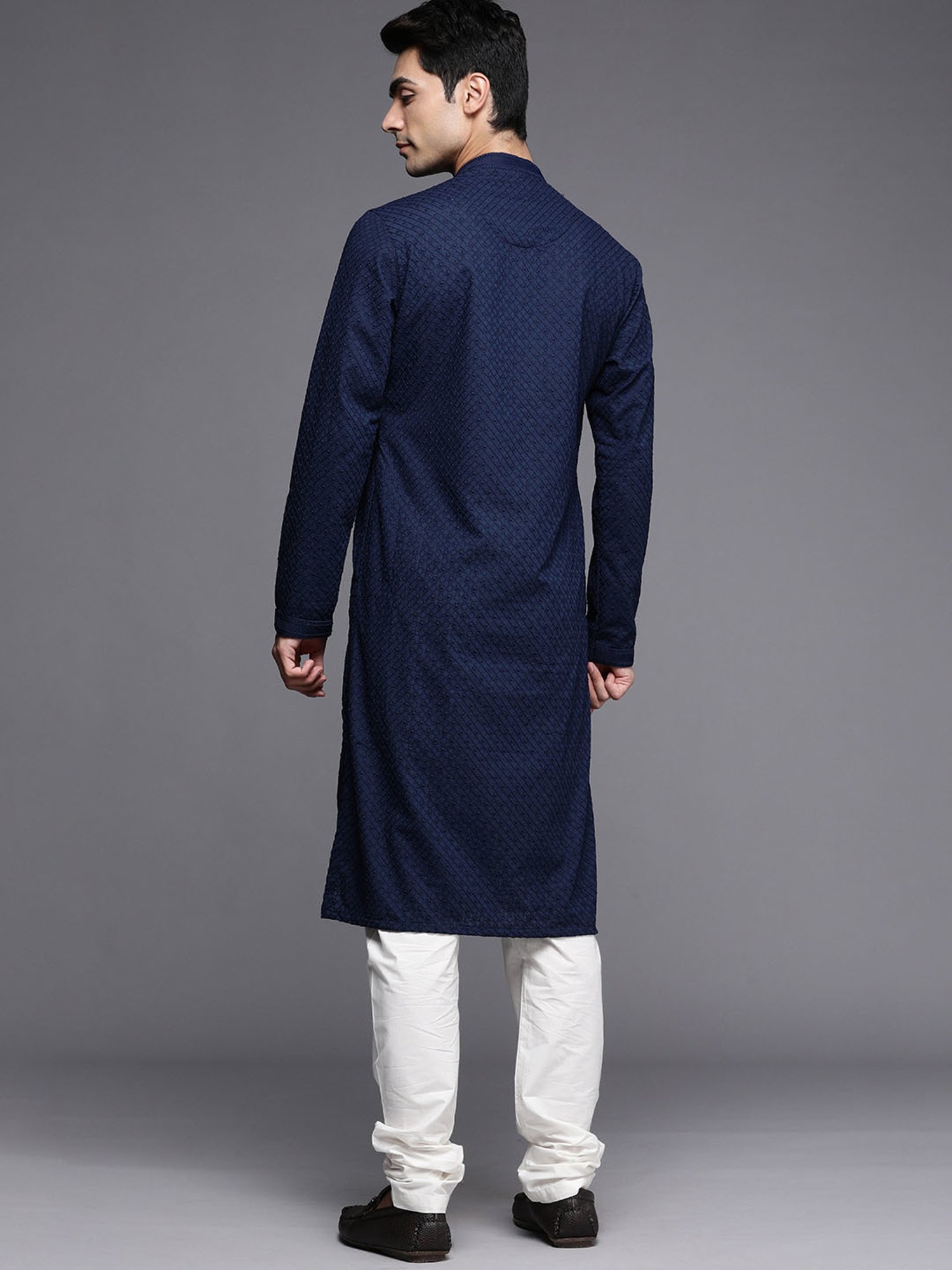 Manyavar Blue & White Regular Fit Self Design Kurta & Pyjamas Set