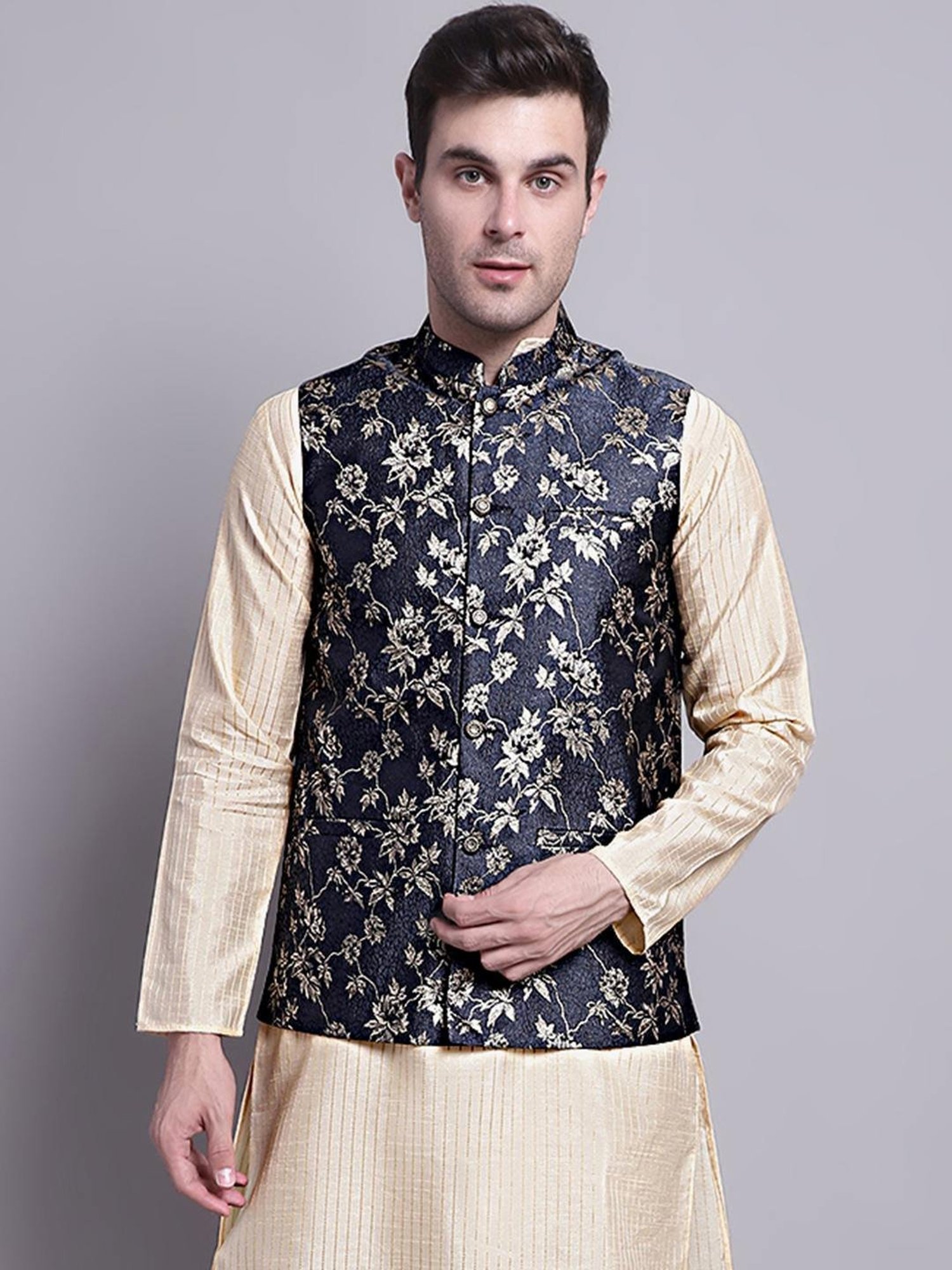 Jompers Dark Grey Regular Fit Printed Nehru Jacket