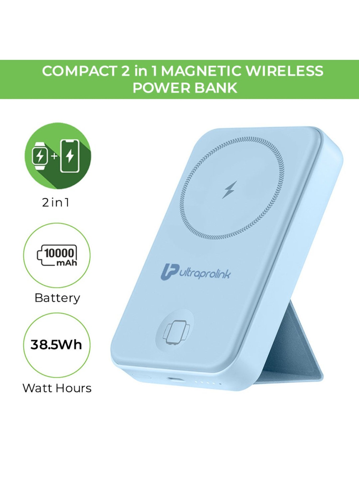 ULTRAPROLINK UM1113BLU 10,000mAh 2 in 1 Wireless Magnetic Power Bank with LED Display (Blue)