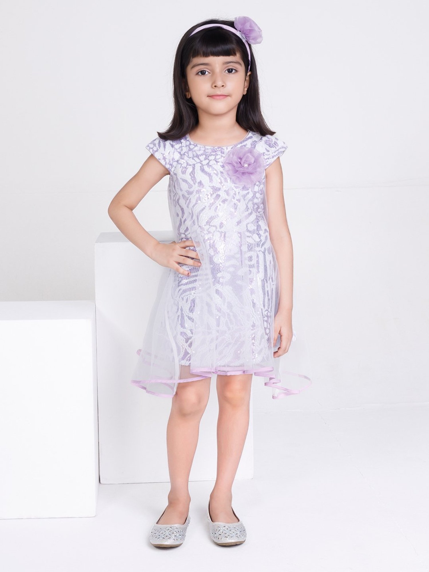 Peppermint Kids Purple & White Embellished Dress