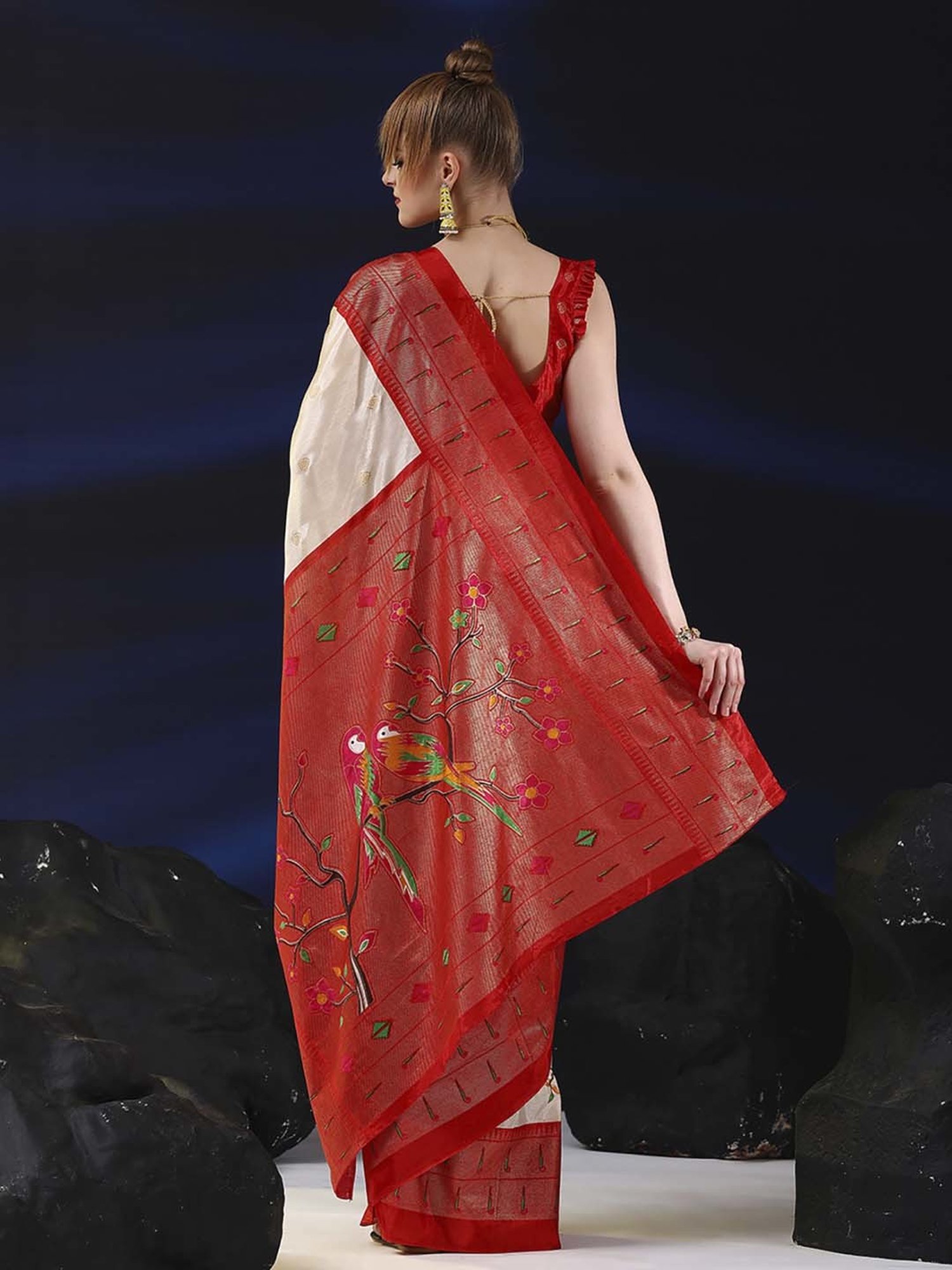 Saree Mall Beige & Red Silk Printed Saree With Unstitched Blouse