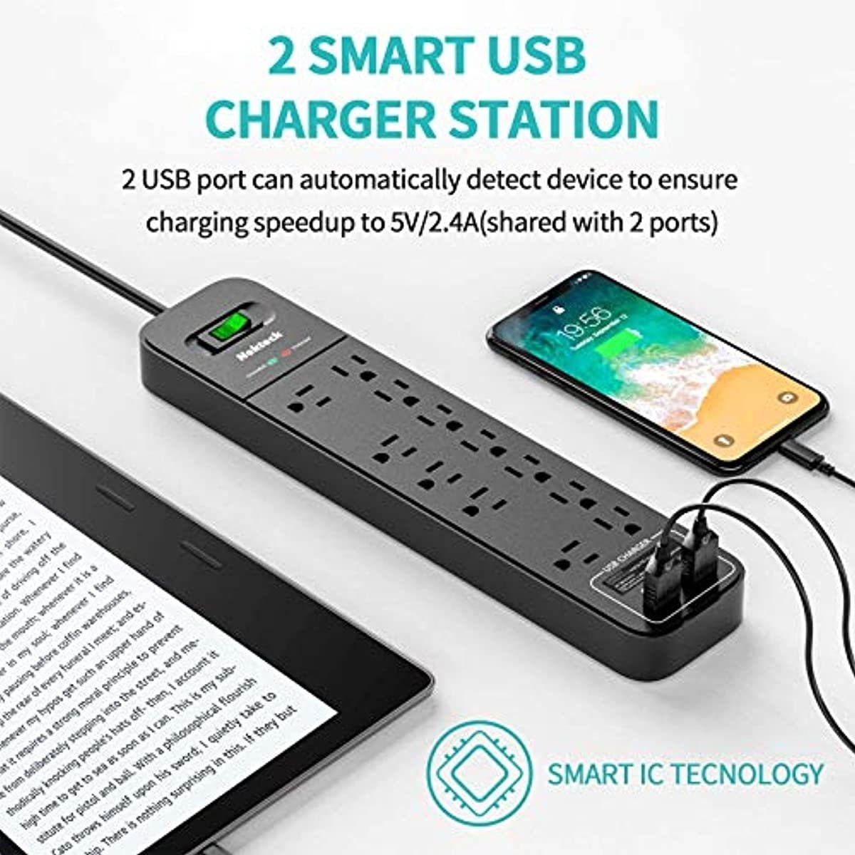 Power Strip Surge Protector, Nekteck Power Strip with 2 USB Port and 12 AC Outlet, 6ft Heavy Duty Extension Cord Wall Mount Charging Station for Home Outdoor Office (2390-Joule, 5V/2.4A)