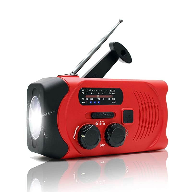 Weather Emergency AMFM Radio for Solar Hand Crank Self Powered Portable Radio with LED Survival FlashlightSOS Alarm2000mAh Power Bank Cell Phone ChargerRed