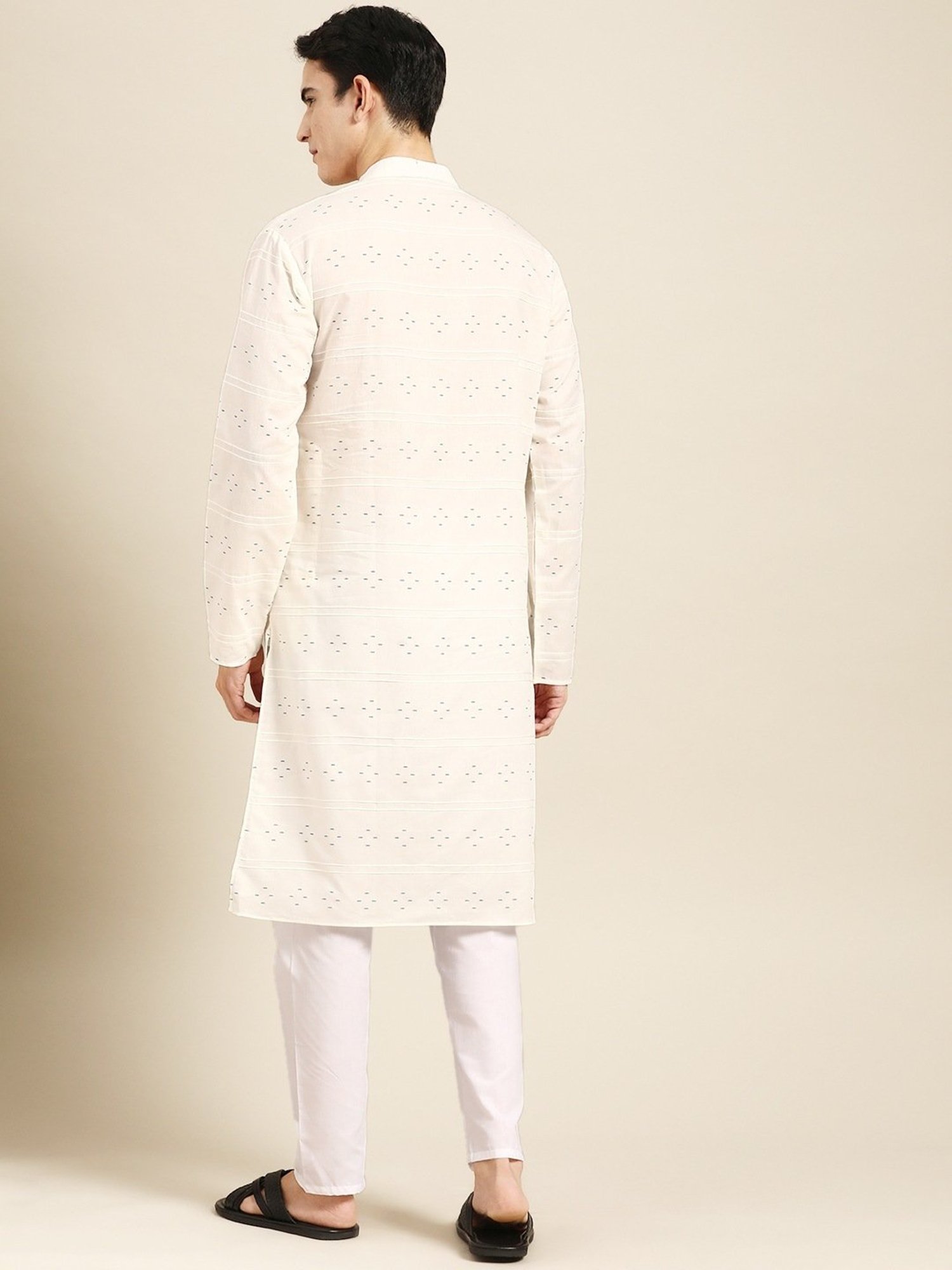 ManQ White Pure Cotton Regular Fit Printed Kurta
