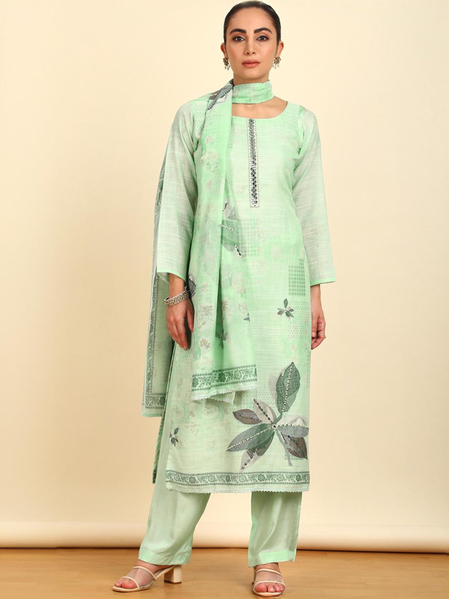 Soch Womens Sap Green Floral Print Linen Unstitched Dress Material With Mirrors