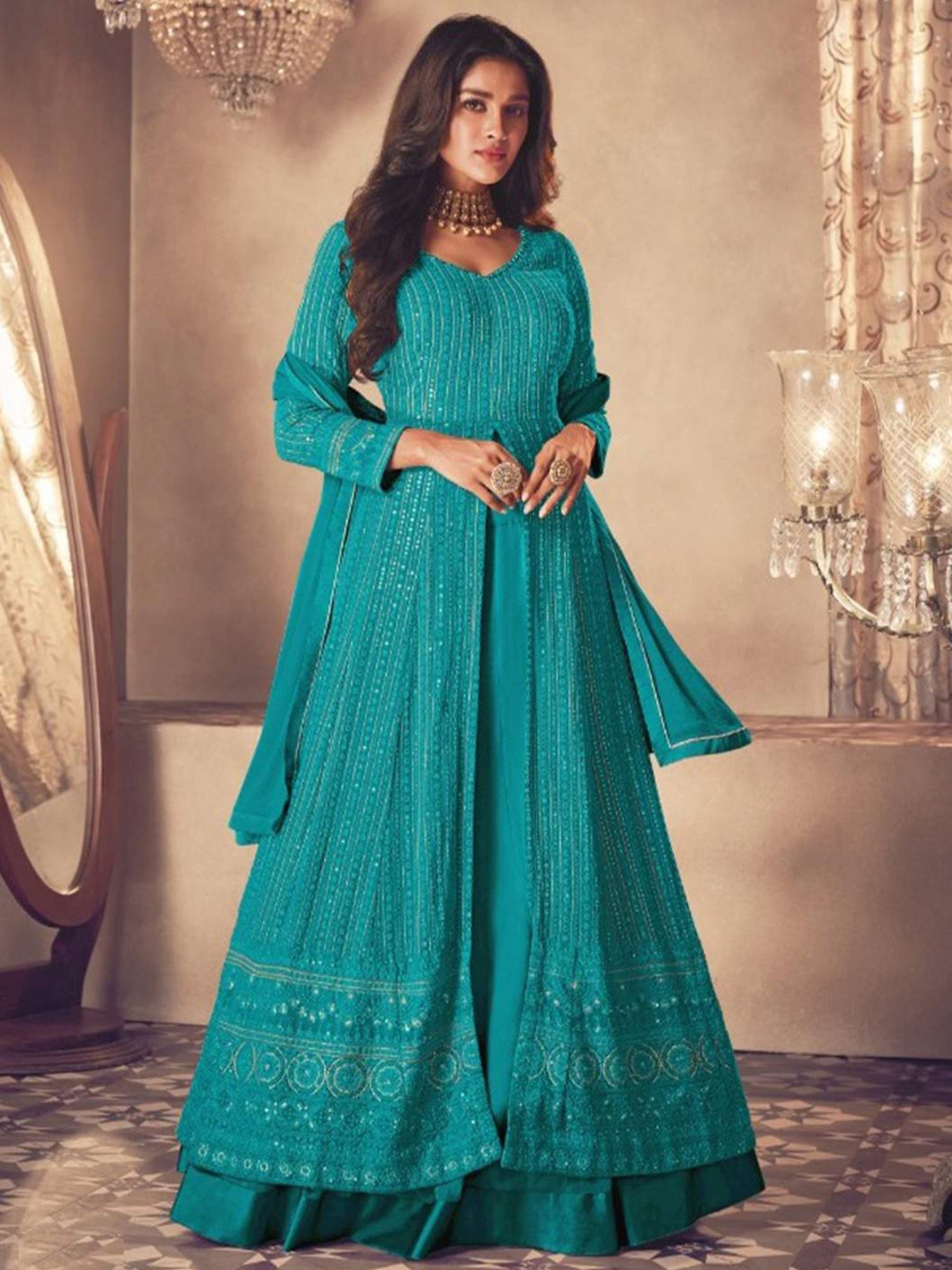 Odette Turquoise Embroidered Unstitched Dress Material