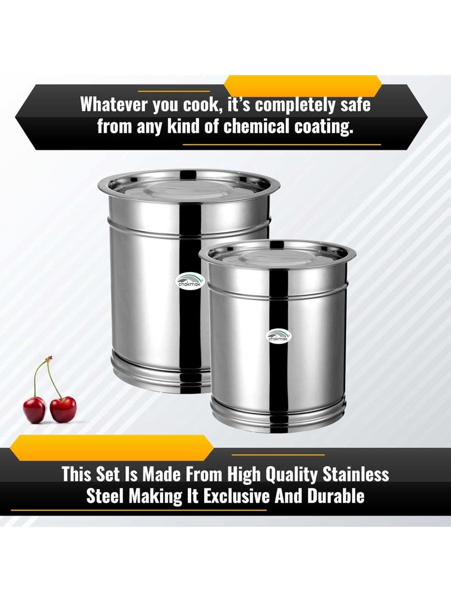 Chakmak Silver Stainless Steel Pawali Plain With Lid - Set of 2