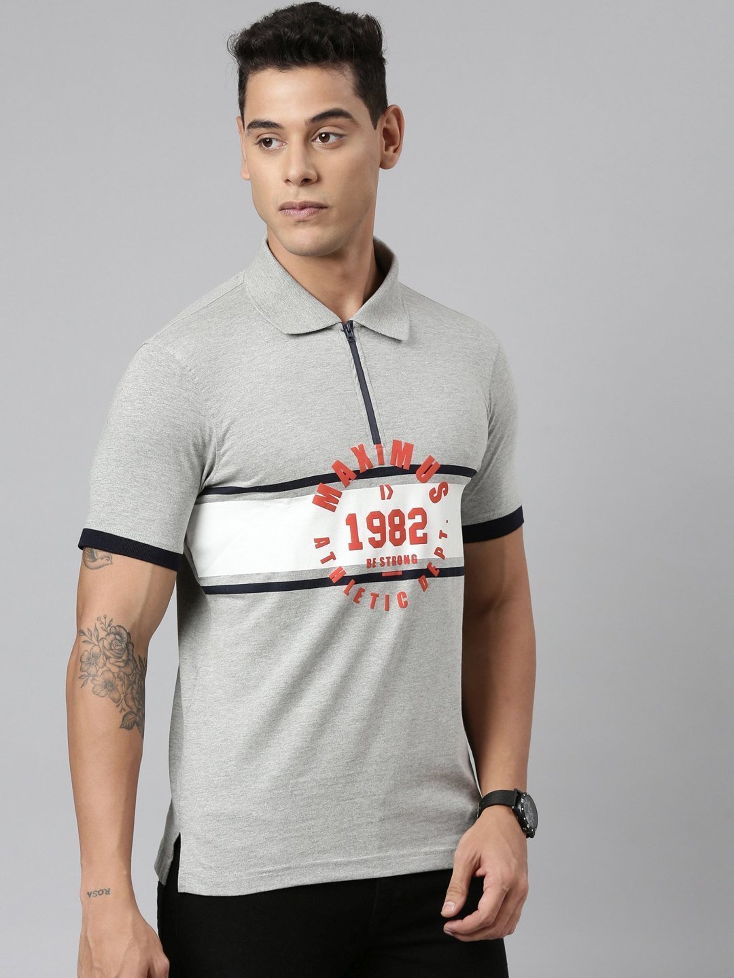 Dixcy Scott Maximus Grey Cotton Regular Fit Printed Polo T-Shirt