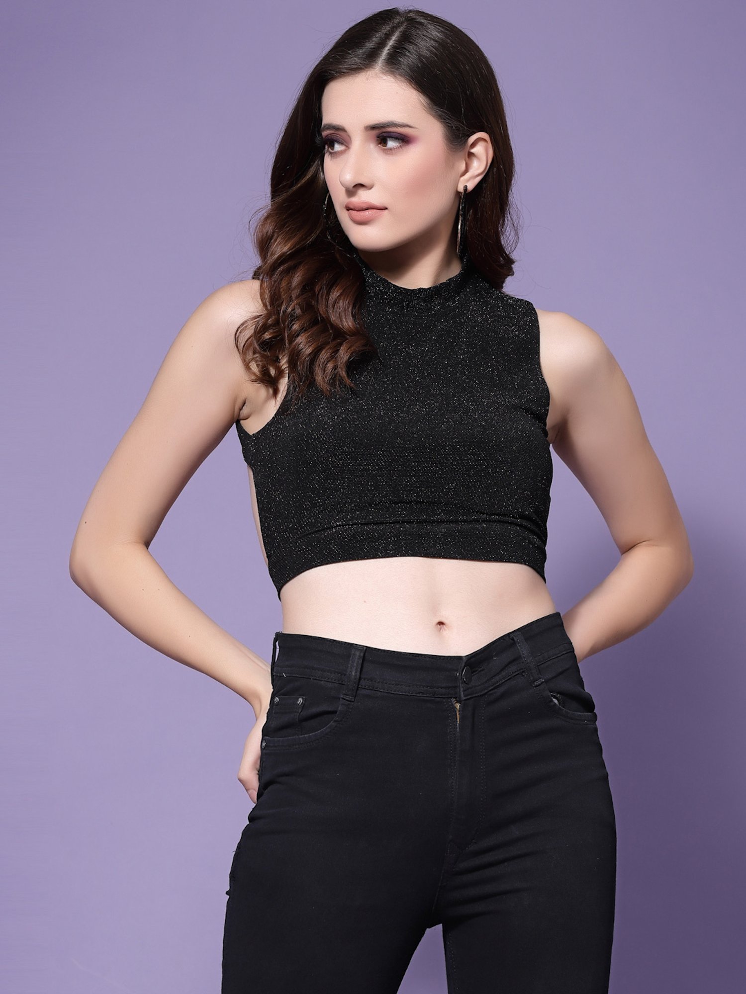KASSUALLY Black Textured Crop Top