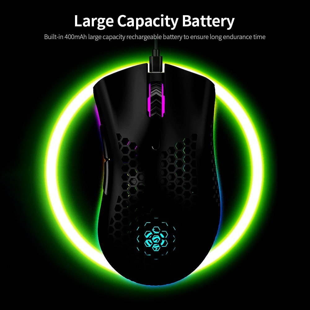 2.4G Wireless Gaming Mouse Rechargeable Mouse with RGB Light Effect 3 Adjustable DPI Hollowed-out Honeycomb Design