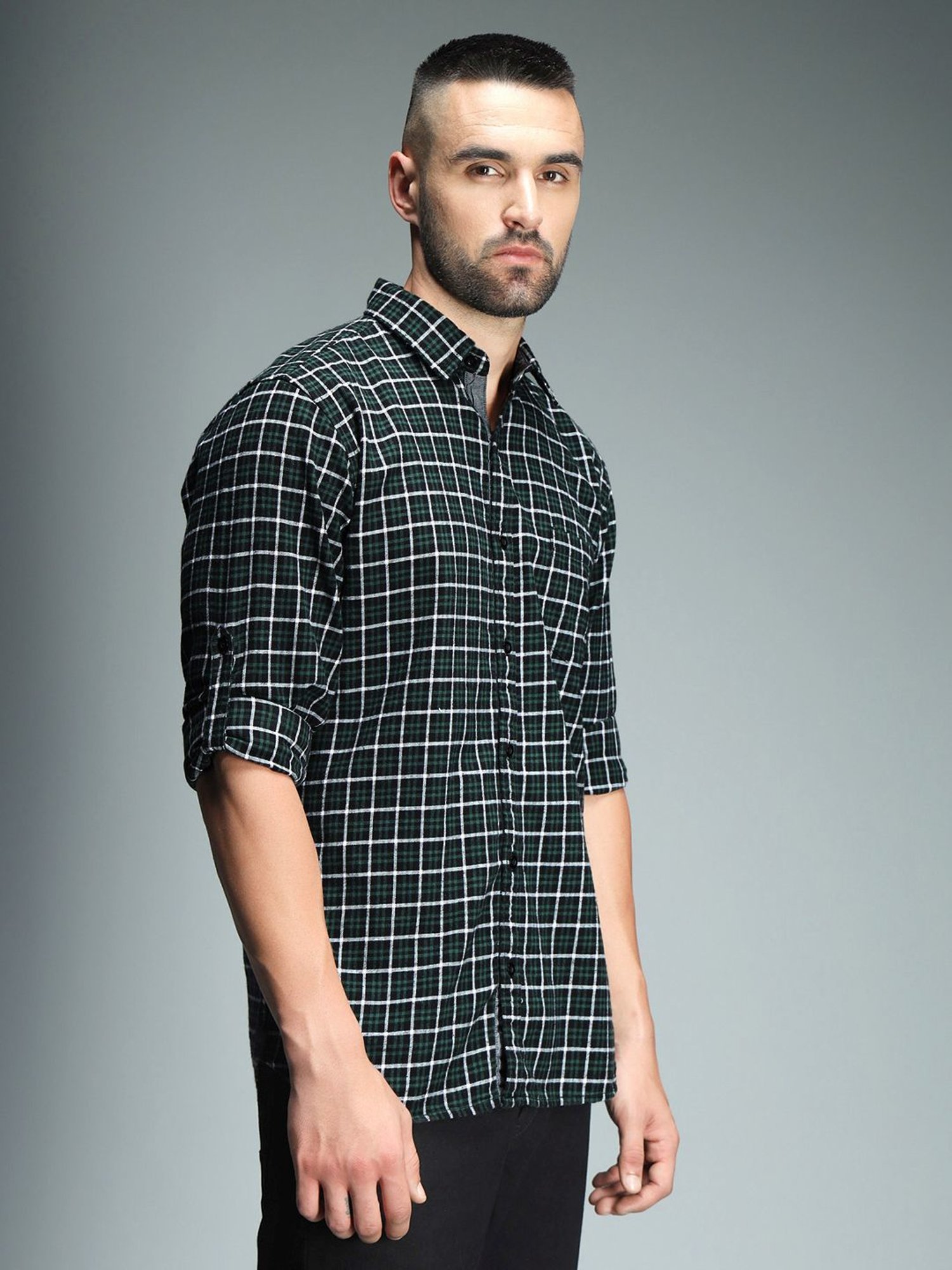 High Star Green Cotton Regular Fit Checks Shirt