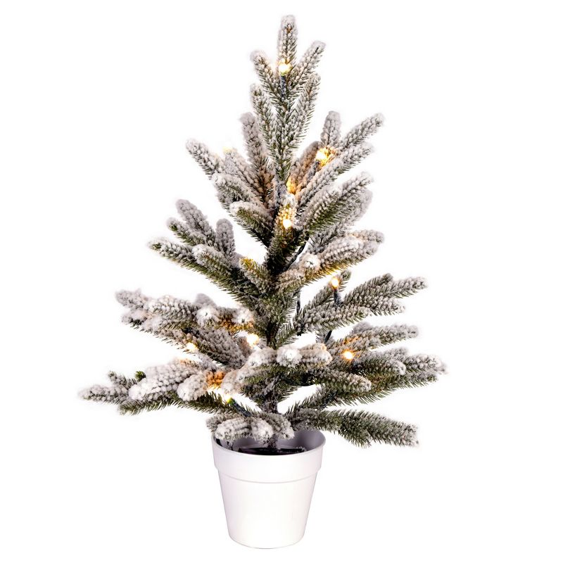 Vickerman 18" x 12" Flocked Mica Pine Artificial Christmas Tree, Battery Operated Warm White LED Lights