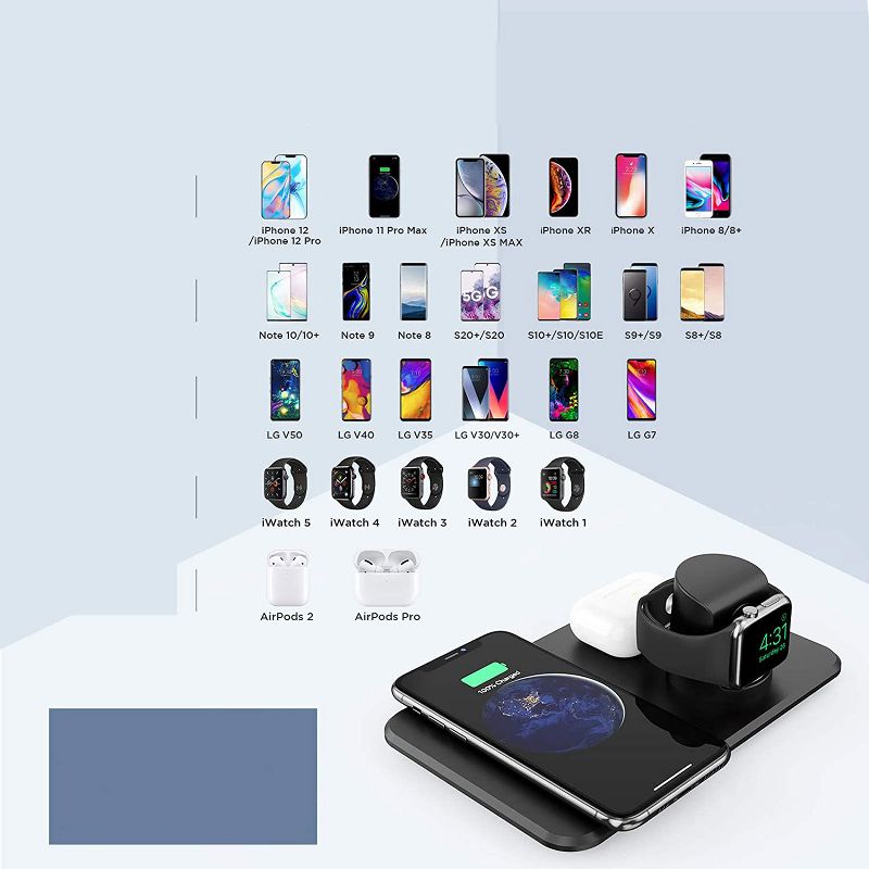 LETSCOM 3 in 1 Wireless Charger  Qi-Certified 15W Fast Charging Station for Apple Watch, AirPods2, Wireless Charging Dock Compatible with iPhone 12/11/XS Max/XR/XS/X/iWatch - W01 - Black