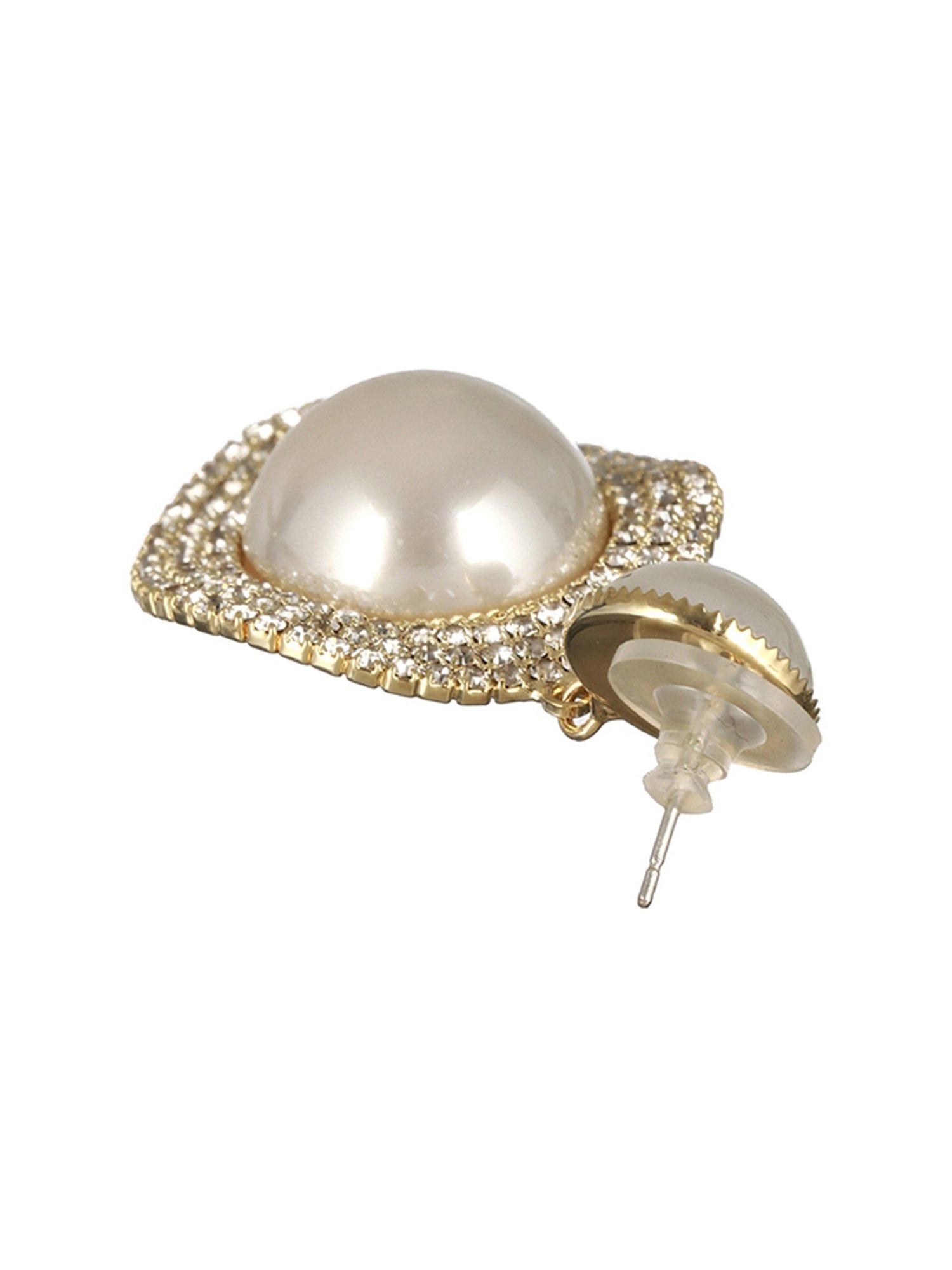 Prita by Priyaasi Dual-Pearl American Diamond Gold-Plated Drop Earrings