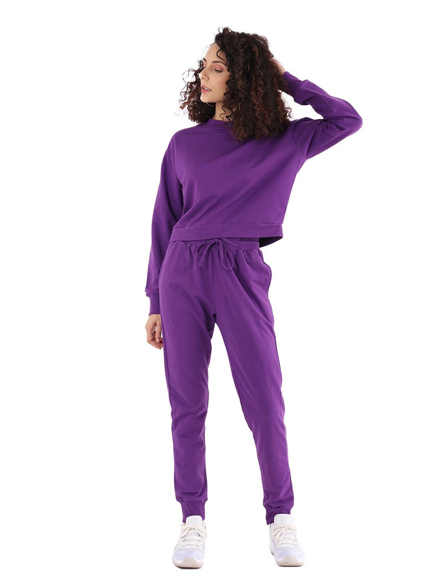 Nite Flite Purple Cotton Crop Sweatshirt With Joggers