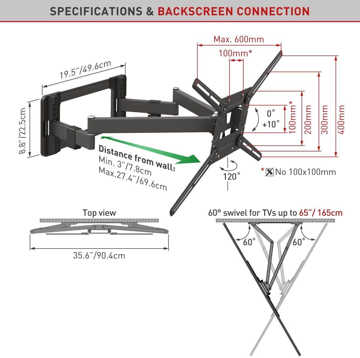 Barkan TV Wall Mount, 40-90 inch Dual Arm Full Motion Articulating - 4 Movement Flat/Curved Screen Bracket, Up to 132 lbs, Extra Stable, UL Listed, Fits LED OLED LCD