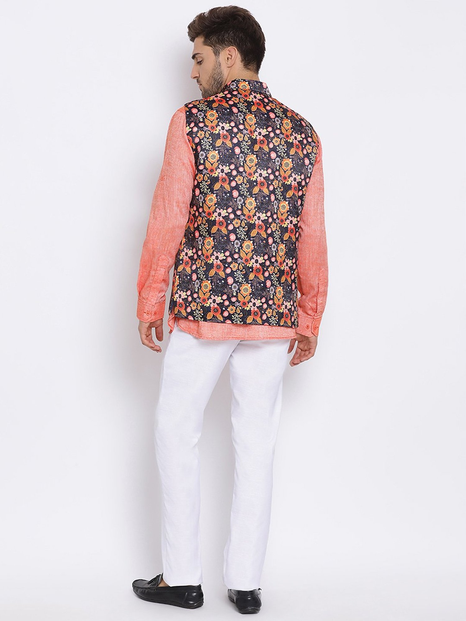 Hangup Plus Orange & White Regular Fit Short Kurta & Trousers Set With Nehru Jacket