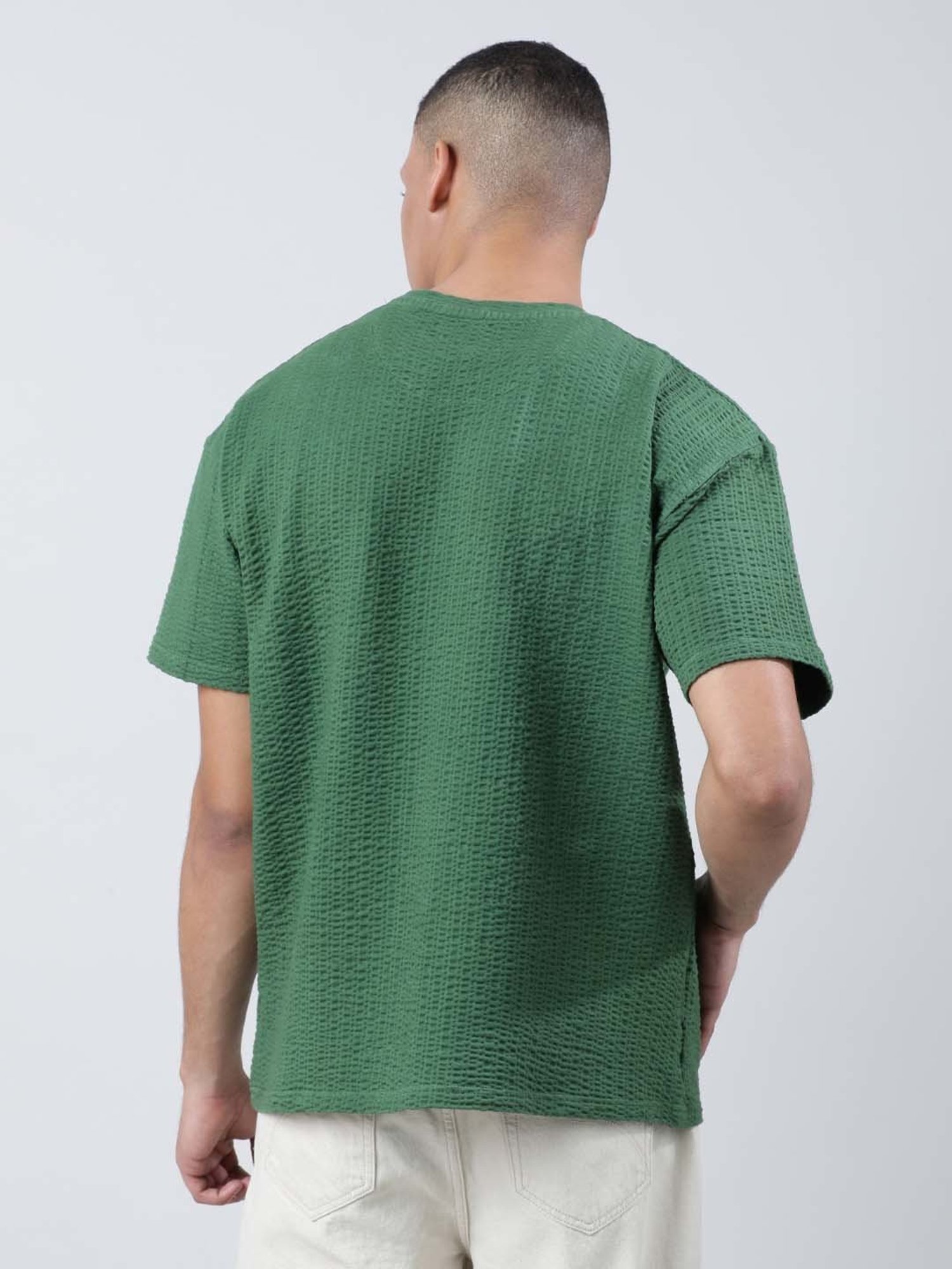 Bene Kleed Green Loose Fit Textured Crew T-Shirt