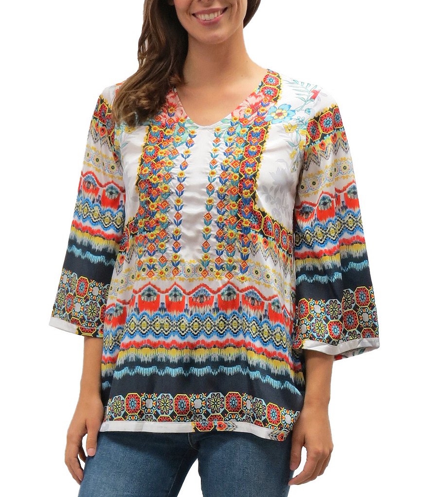 Karyn Seo Aida Vintage-Inspired 3/4 Sleeve Embroidery Printed Box Top