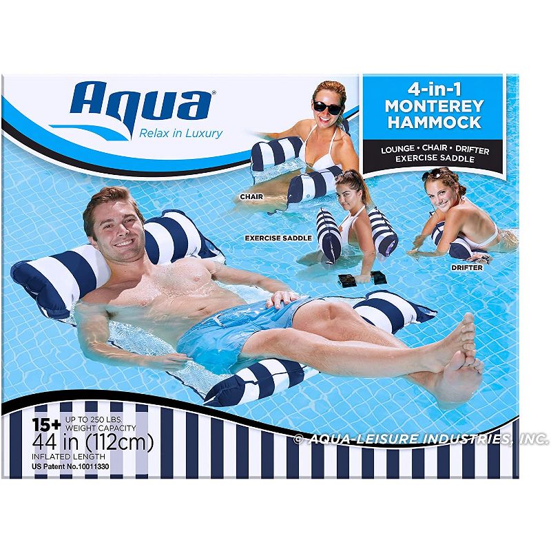 Aqua Leisure AQL12674S1Z 4 in 1 Inflatable Monterey Hammock Beach Pool Float Chair Lounger, Navy Striped (2 Pack)