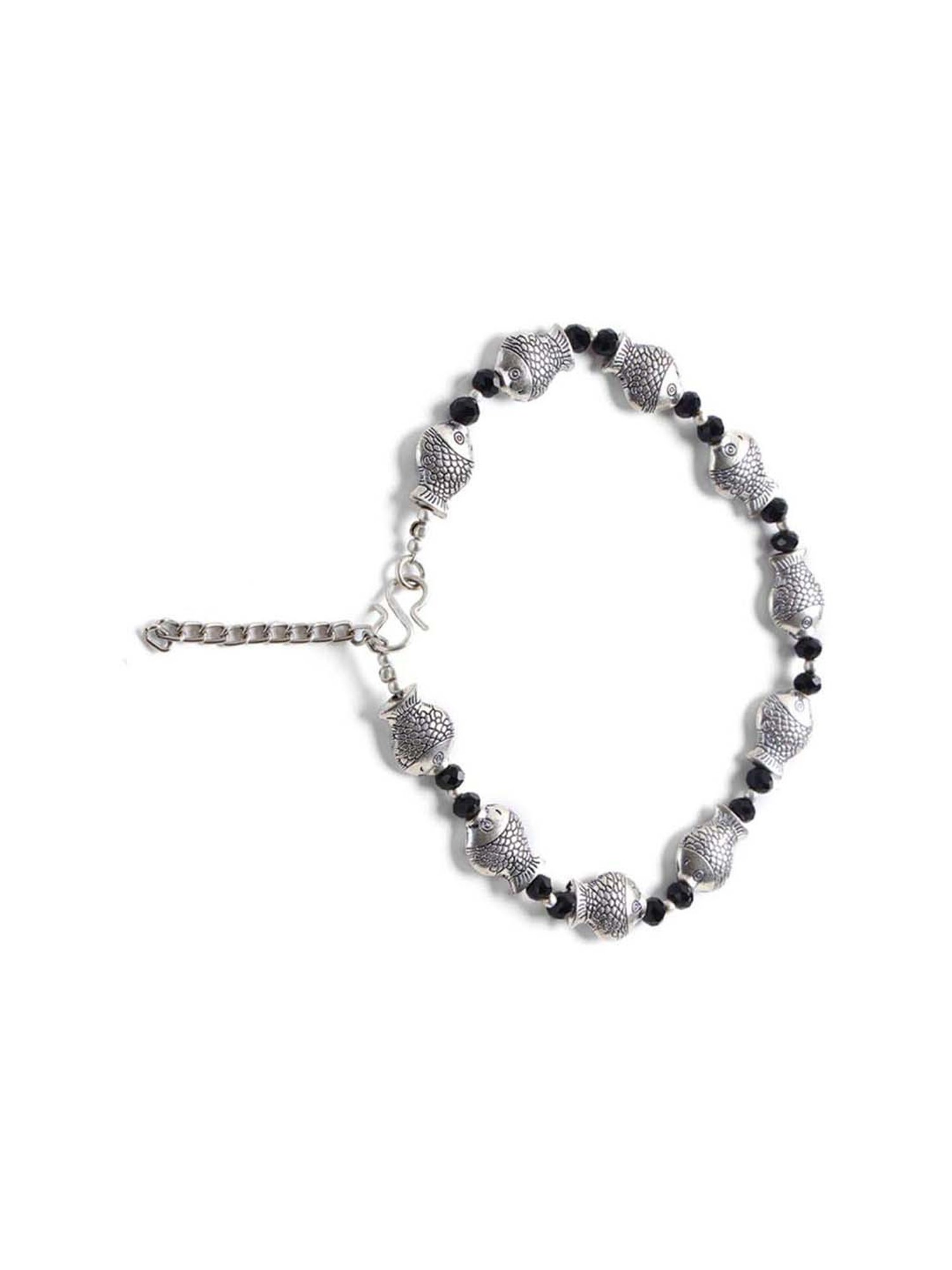 Aatmana Silver-Plated & Black Beaded Handcrafted Fish Anklets - Set of 2