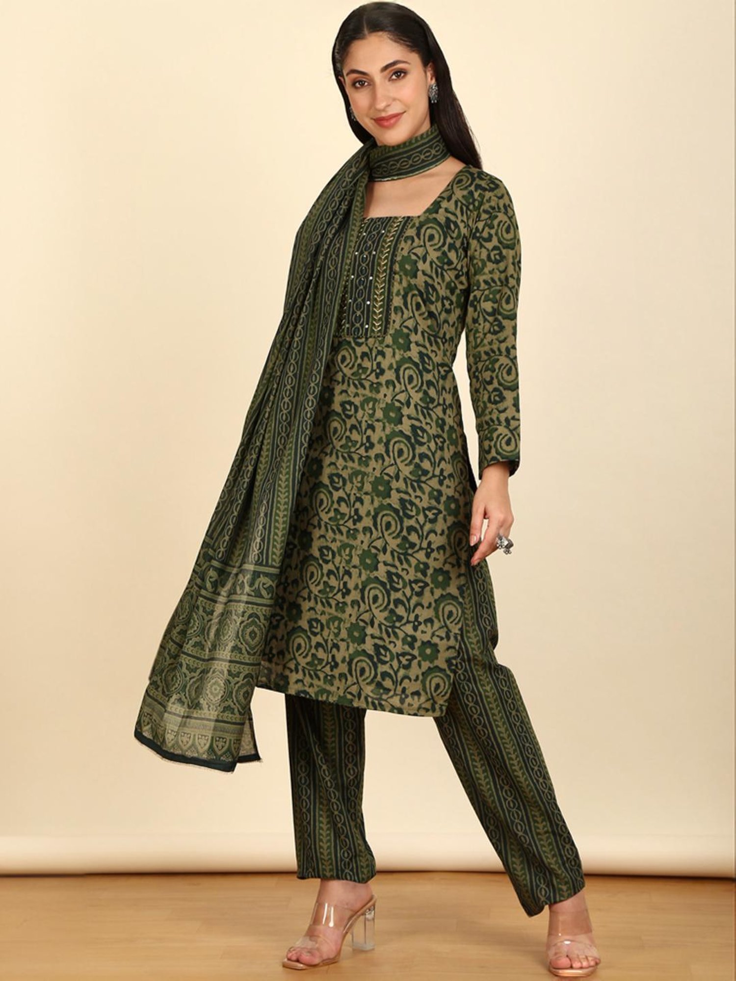 Soch Womens Olive Cotton Floral Print Unstitch Dress Material With Zari