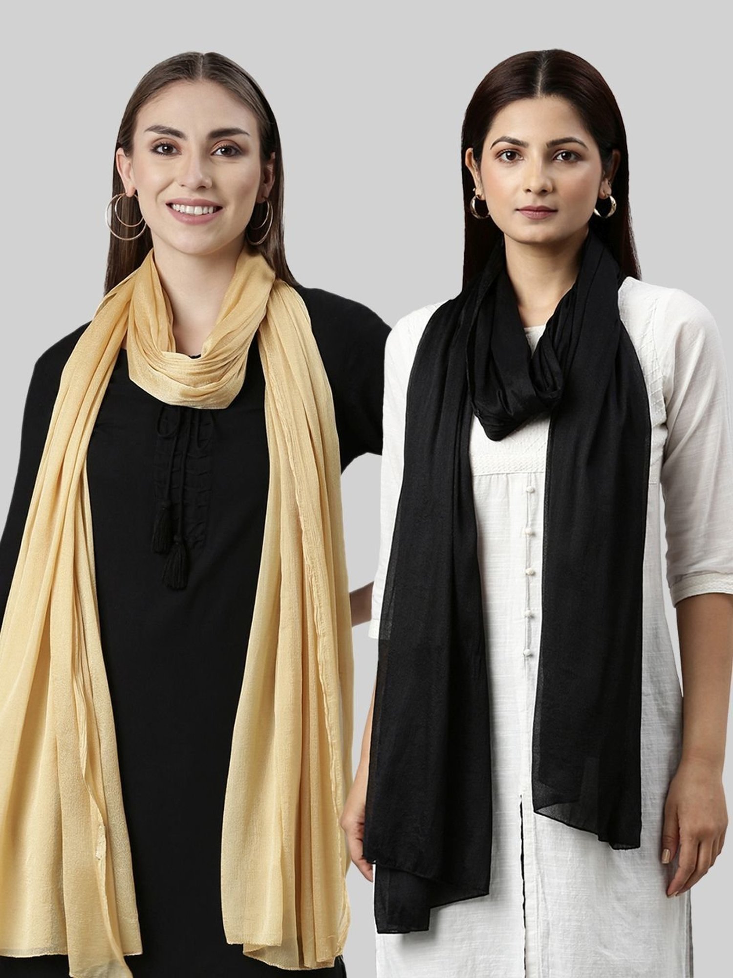 TWIN BIRDS Golden & Black Plain Dupatta - Pack Of 2