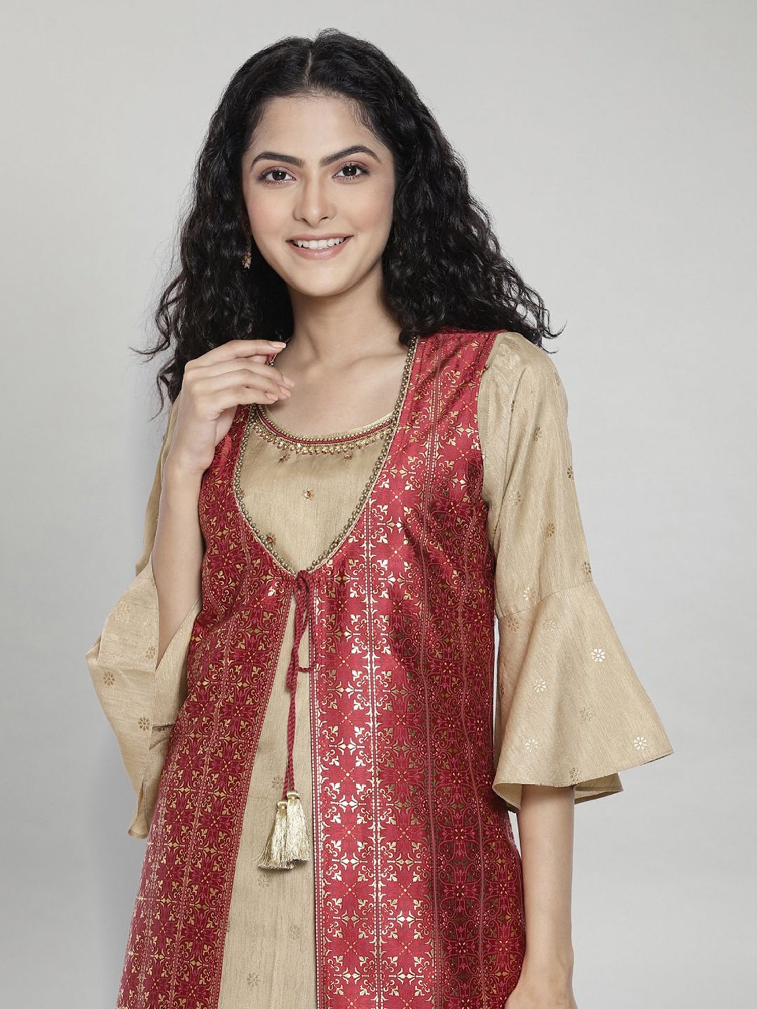 Aurelia Beige Embellished Kurta Palazzo Set With Gilet