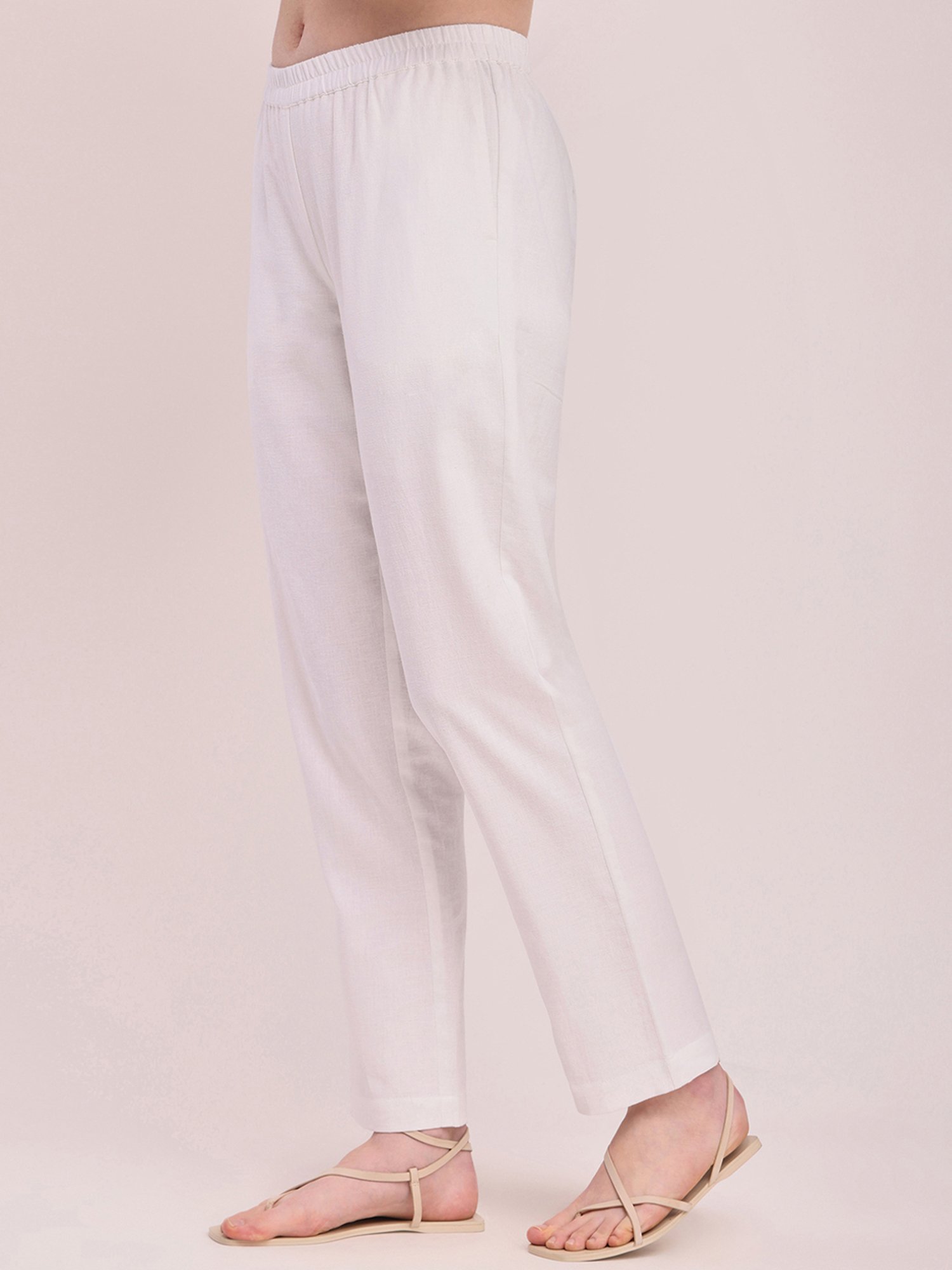Pink Fort White Cotton Relaxed Fit Pants