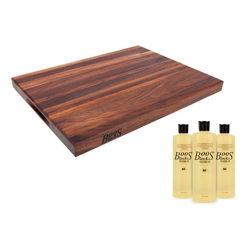 John Boos Walnut Wood Edge Grain Reversible Kitchen 24 x 18 x 1.5 Inches Cutting Board with 3 Piece Maintenance Oil Set