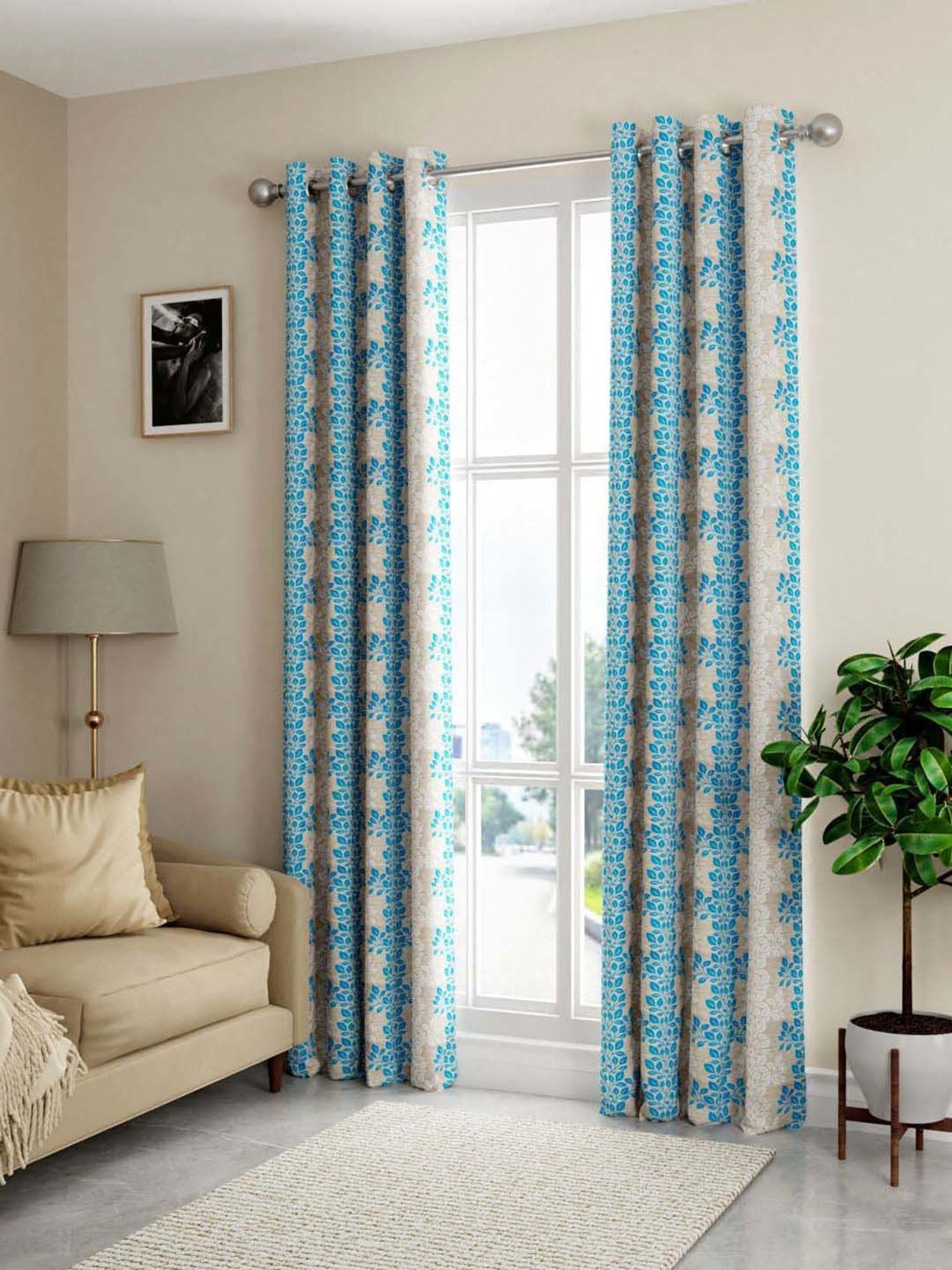 Bianca SANTORO Beige & Blue Faux Silk 7 Ft. Door Curtain - Set of 2