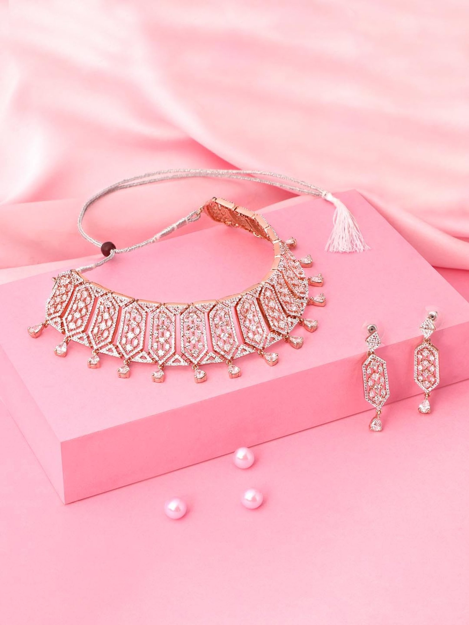 Estele Rose Gold-Plated Lavish Luxe Designer Choker Style Necklace Set for Women