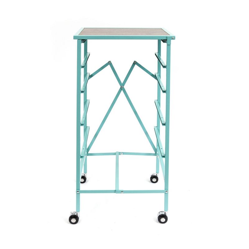 Origami Wheeled Folding Steel 5 Drawer Storage Kitchen Cart Wood Top, Turquoise