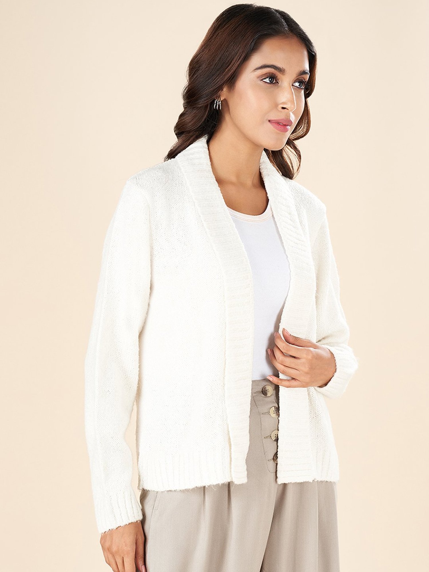 Akkriti by Pantaloons Off-White Self Pattern Shrug