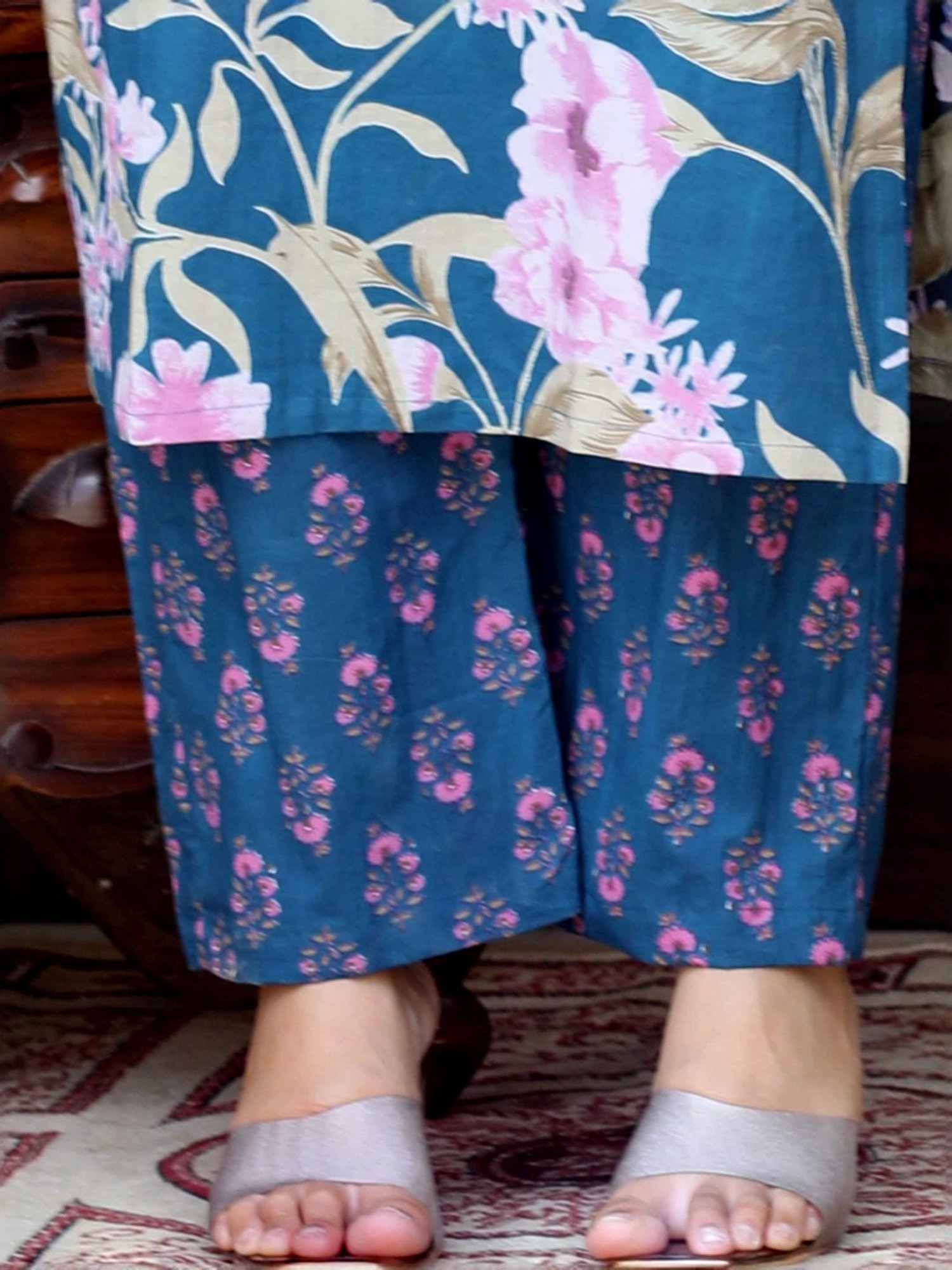 Miravan Blue Cotton Floral Print Kurta Palazzo Set