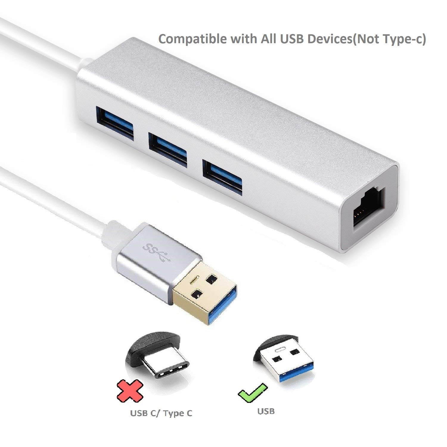 USB HUB with Gigabit Ethernet Port, 3-Port USB 3.0 Aluminum Portable Data Hub with Gigabit Ethernet Port Network Adapter 5Gbps Speed, 10/100/1000 Mbps Ethernet Port for Mac, PC, USB Flash Drives