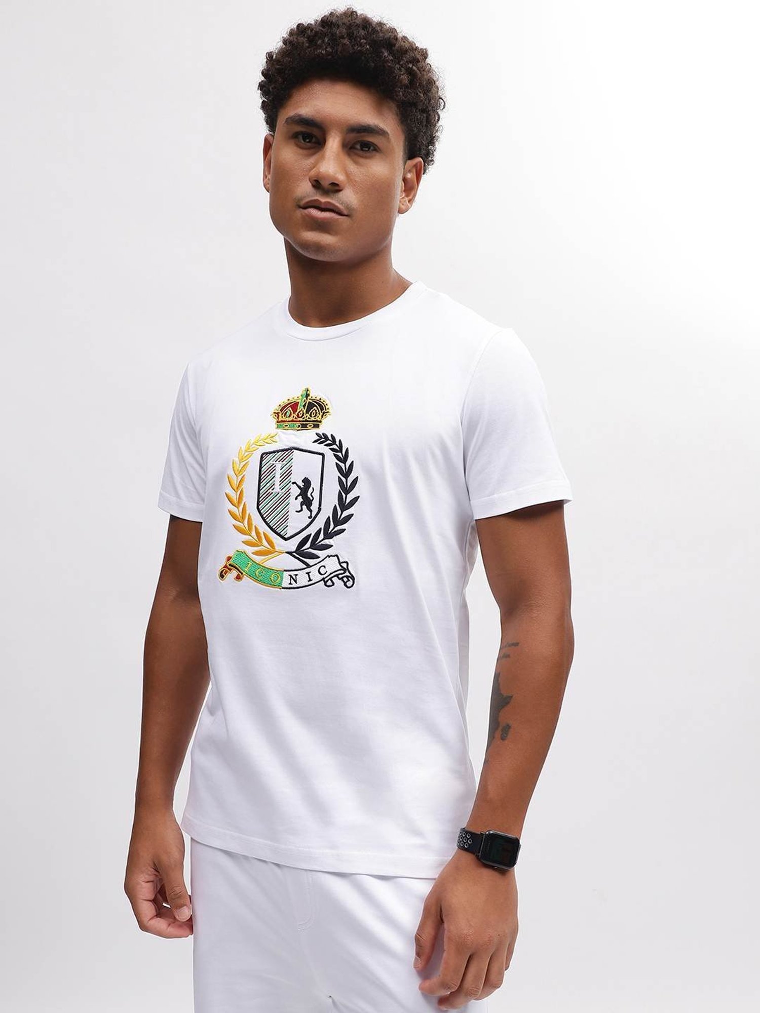 Iconic White Cotton Regular Fit Embroidered T-Shirt
