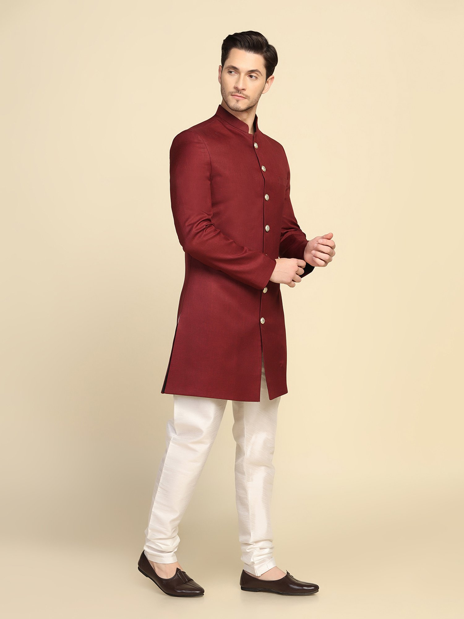 TAHVO Maroon Slim Fit Sherwani Jacket