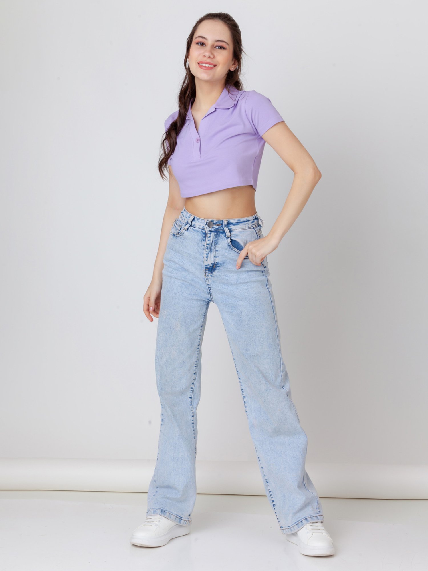 Zink London Lavender Cotton Regular Fit Crop Polo T-Shirt