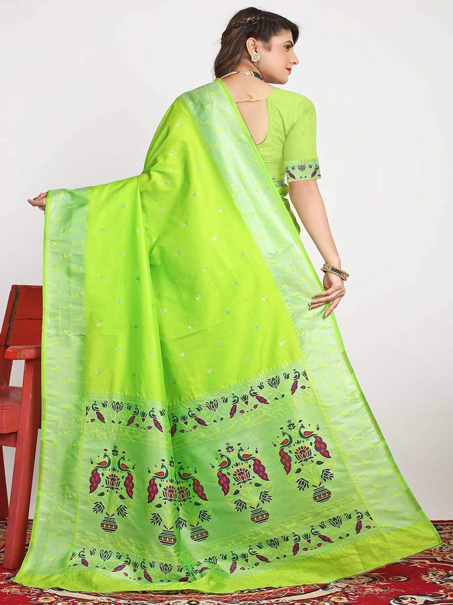 SHUBHKALA Green Silk Woven Saree With Unstitched Blouse