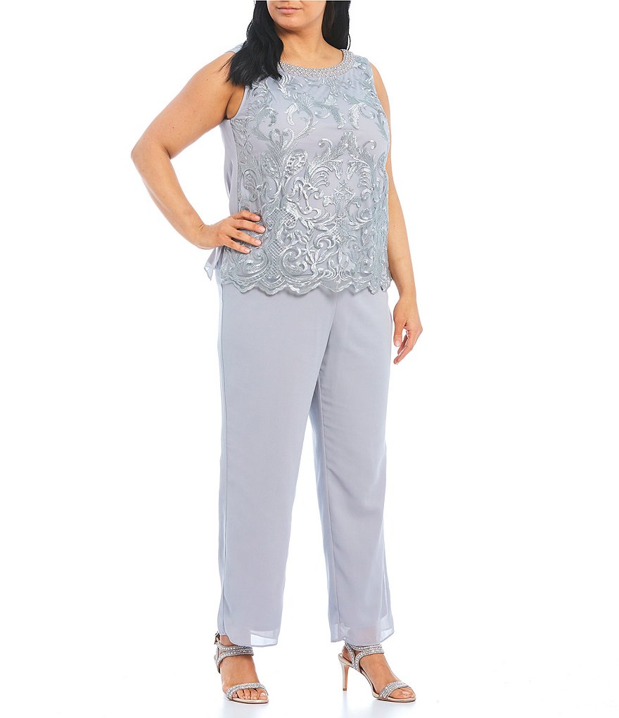 Le Bos Plus Size Crew Neck 3/4 Sleeve Embroidered Georgette 3-Piece Duster Pant Set