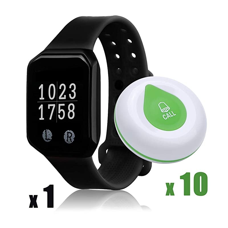 Wireless Caregiver Pager,  Caregiver Alert Button Personal Help Nurse Alert Wrist Pager for Home Nurses Caregivers Patients Elderly 5 Waterproof Call Buttons 1 Watch Pager Receiver