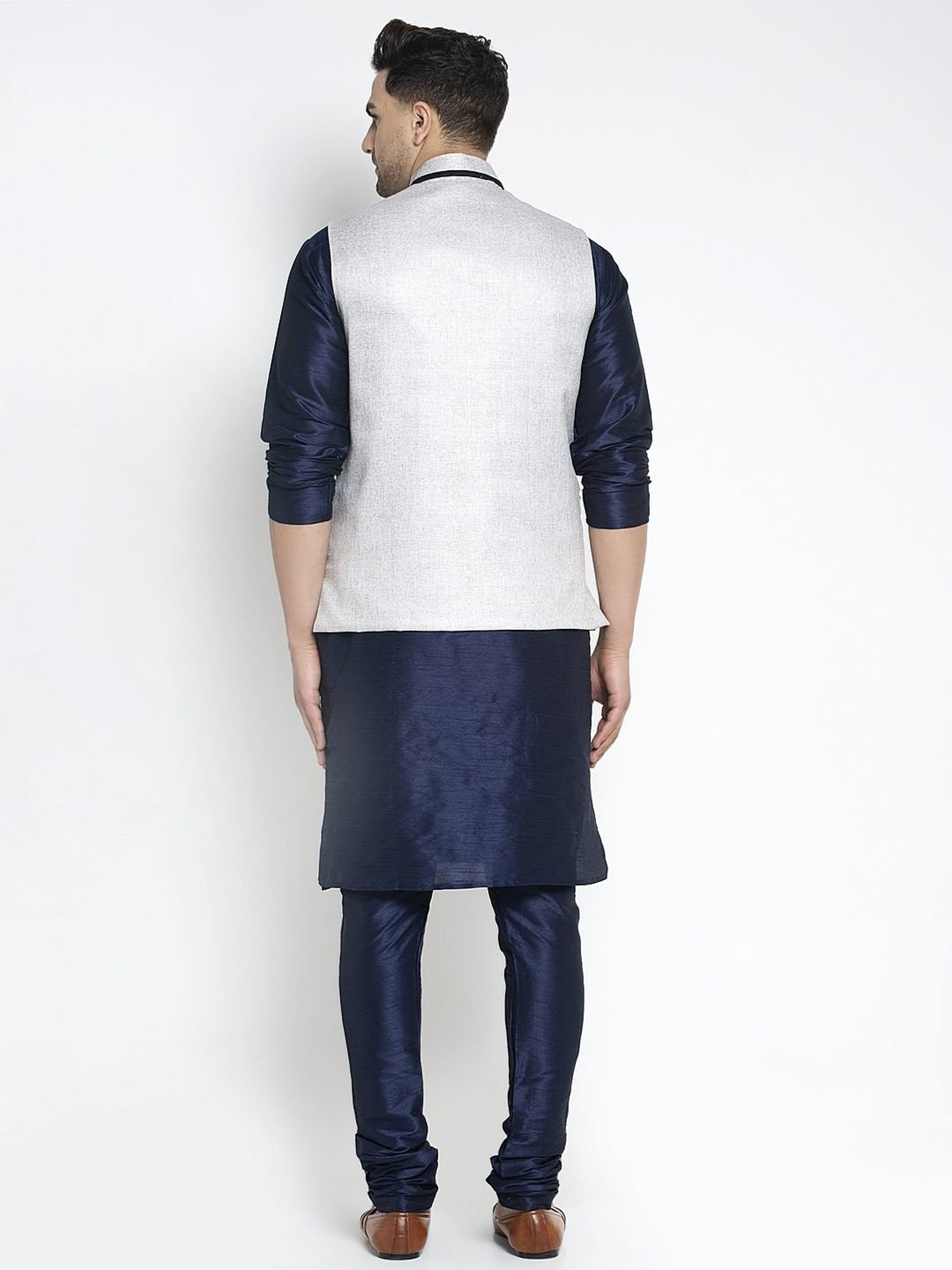 Benstoke Navy Blue & Grey Regular Fit Kurta Set With Jacket