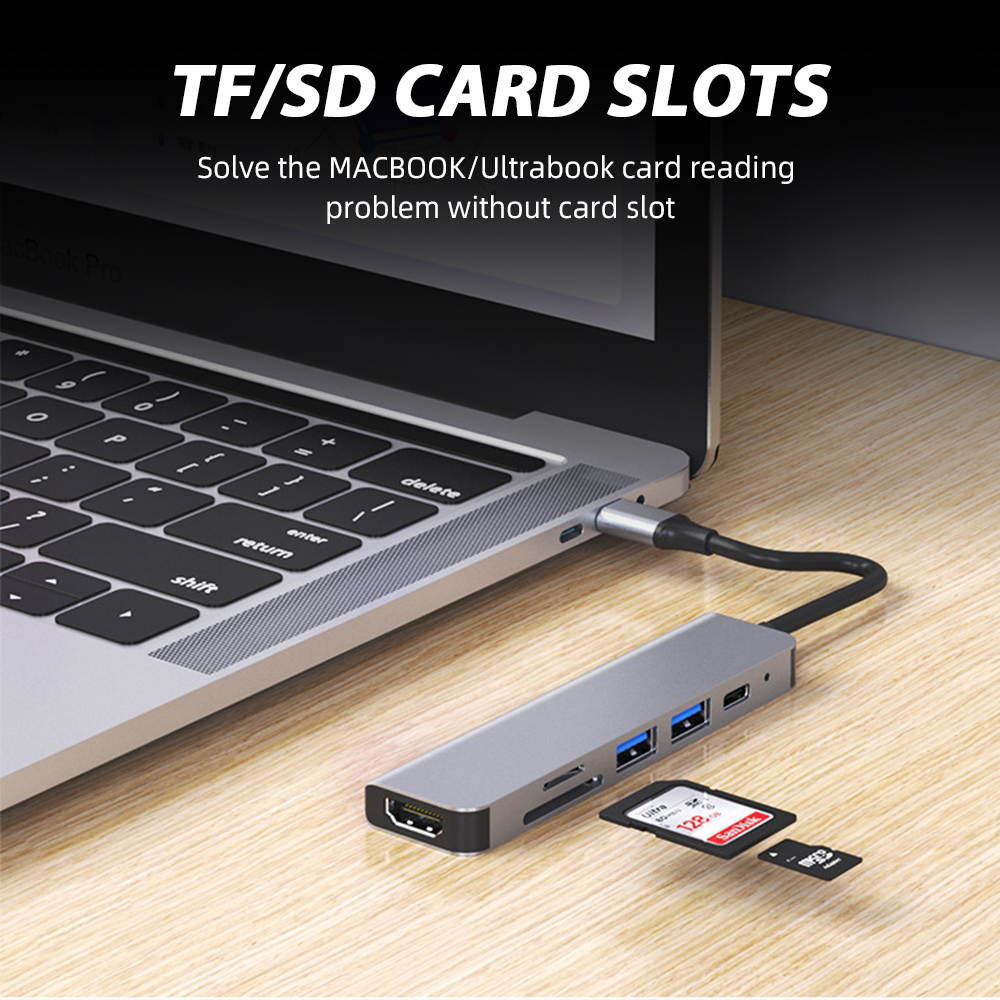 Plugadget Type C Usb Hub 6 In 1 Usb3.0 Otg Adapter 2 Usb C HDMI-compatible Tf Sd Solt Pd Charger Splitter for Macbook Laptops Usbc Hub