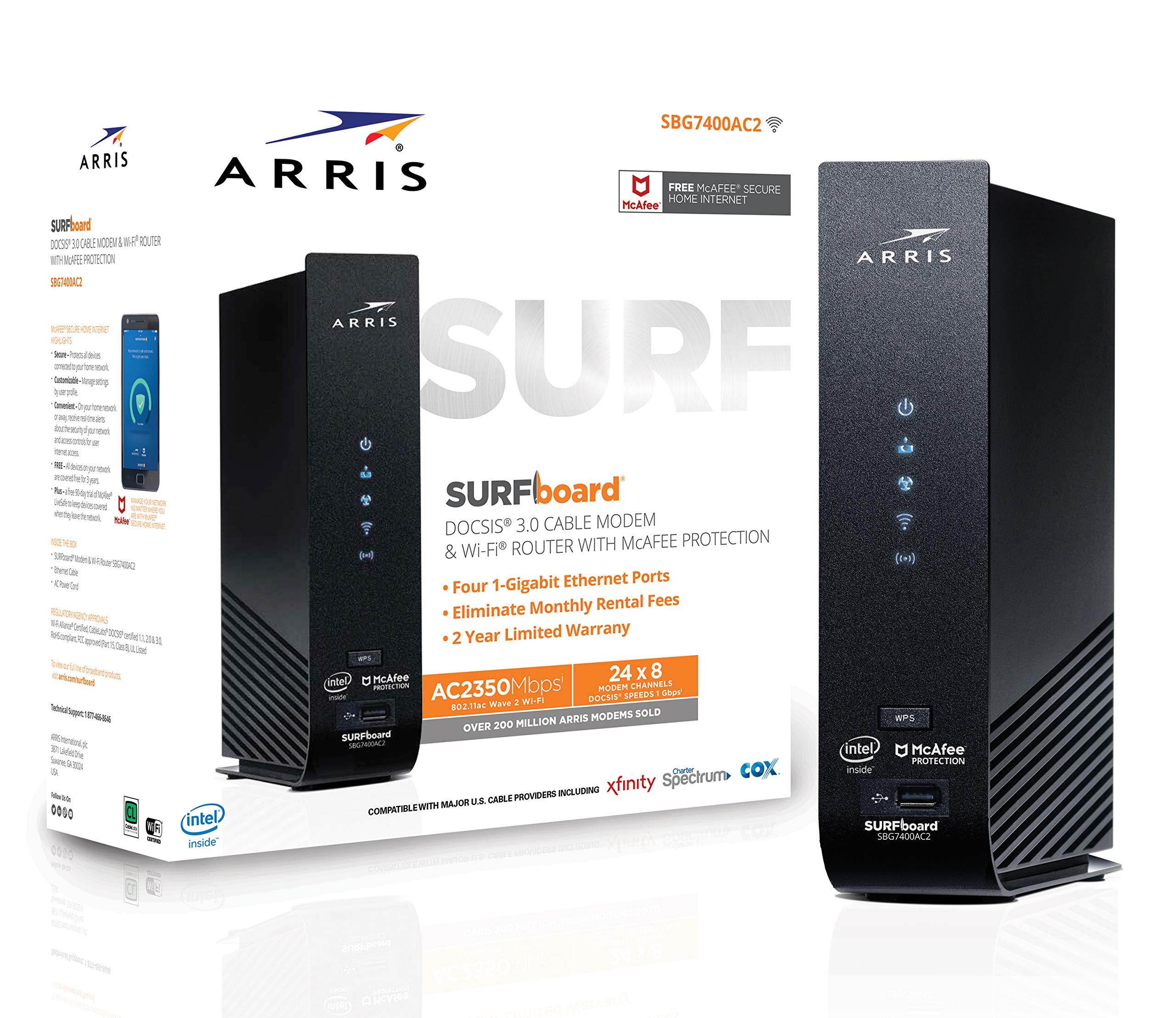 ARRIS SURFboard (24x8) DOCSIS 3.0 Cable Modem Plus AC2350 Dual Band Wi-Fi Router, approved for Cox, Spectrum, Xfinity & more (SBG7400AC2)