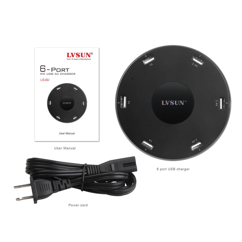 Lvsun ETL Certificated 51w 10.2a(2.4a*3+1a*3) 6 in 1 Charging Hub Universal 6 Port Travel USB Charger Fit for Iphone 6, 6 Plus, 5s 5c 5, Ipad Air,  Mini, Galaxy S6 and S6 Edge, S5 S4, Tab, Lg, etc
