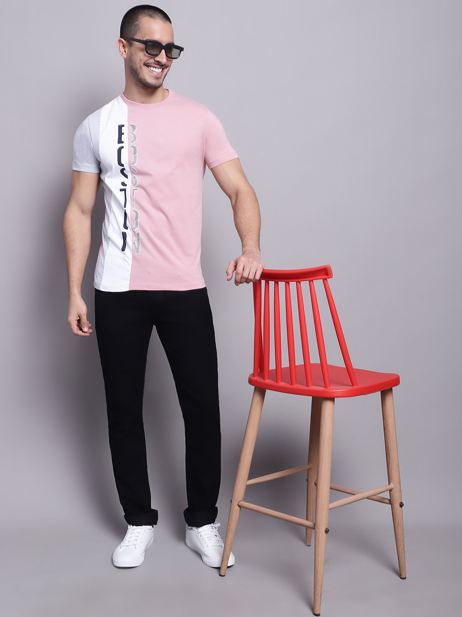 Cantabil Pink Regular Fit Printed Crew T-Shirt
