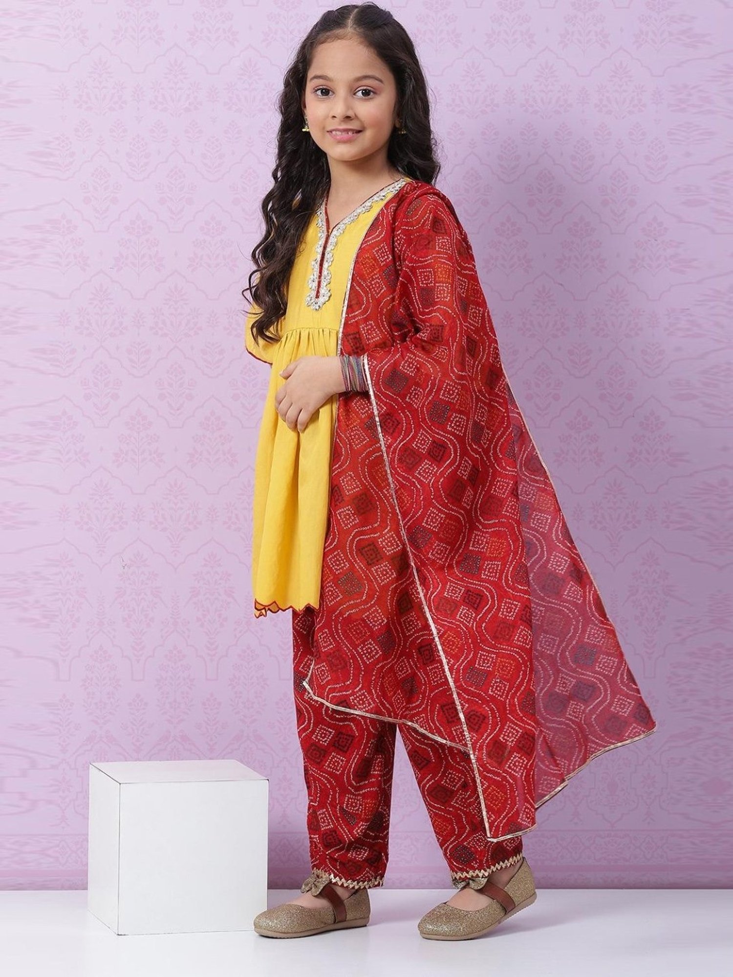 Biba Kids Yellow & Red Embroidered Kurta Set