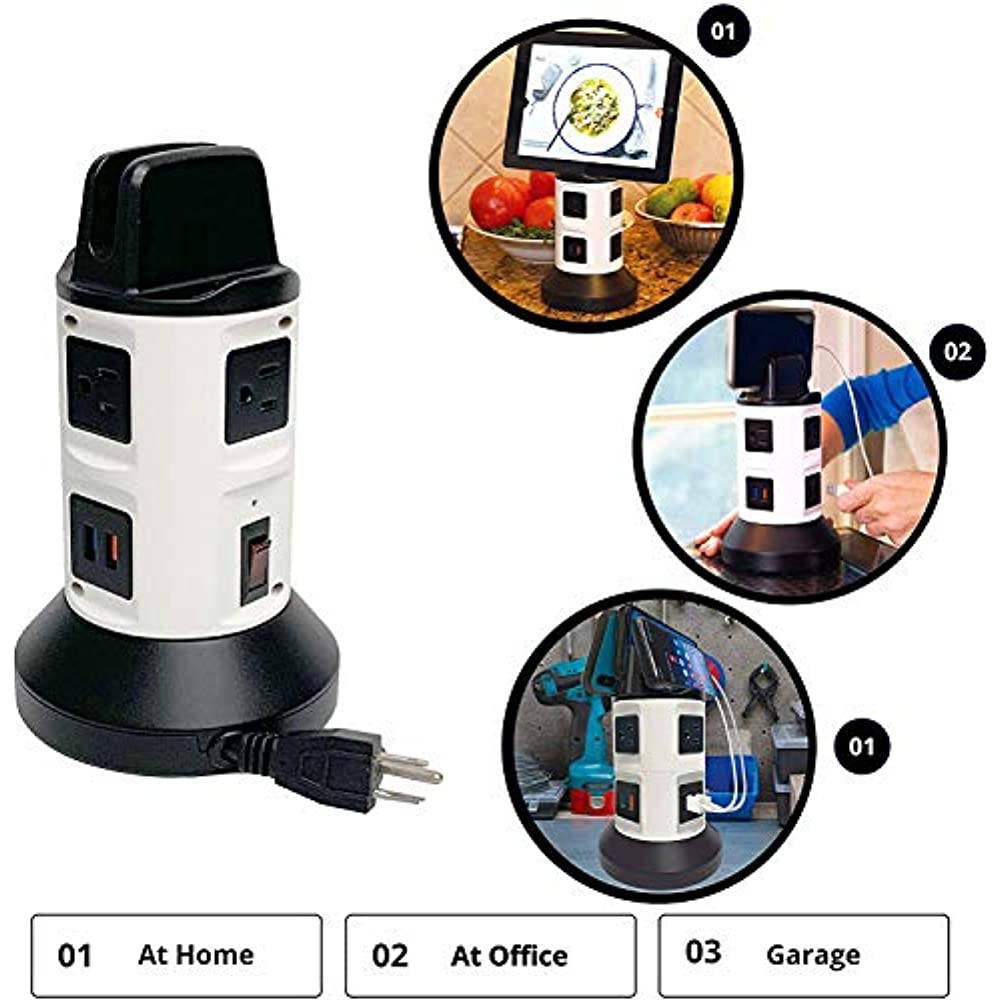 Bell and Howell Spin Power Strip Tower Surge Protector Electric Charging Station 4 Outlets 6 USB Ports with 7ft Retractable Cord Built-in Phone Holder As Seen On TV