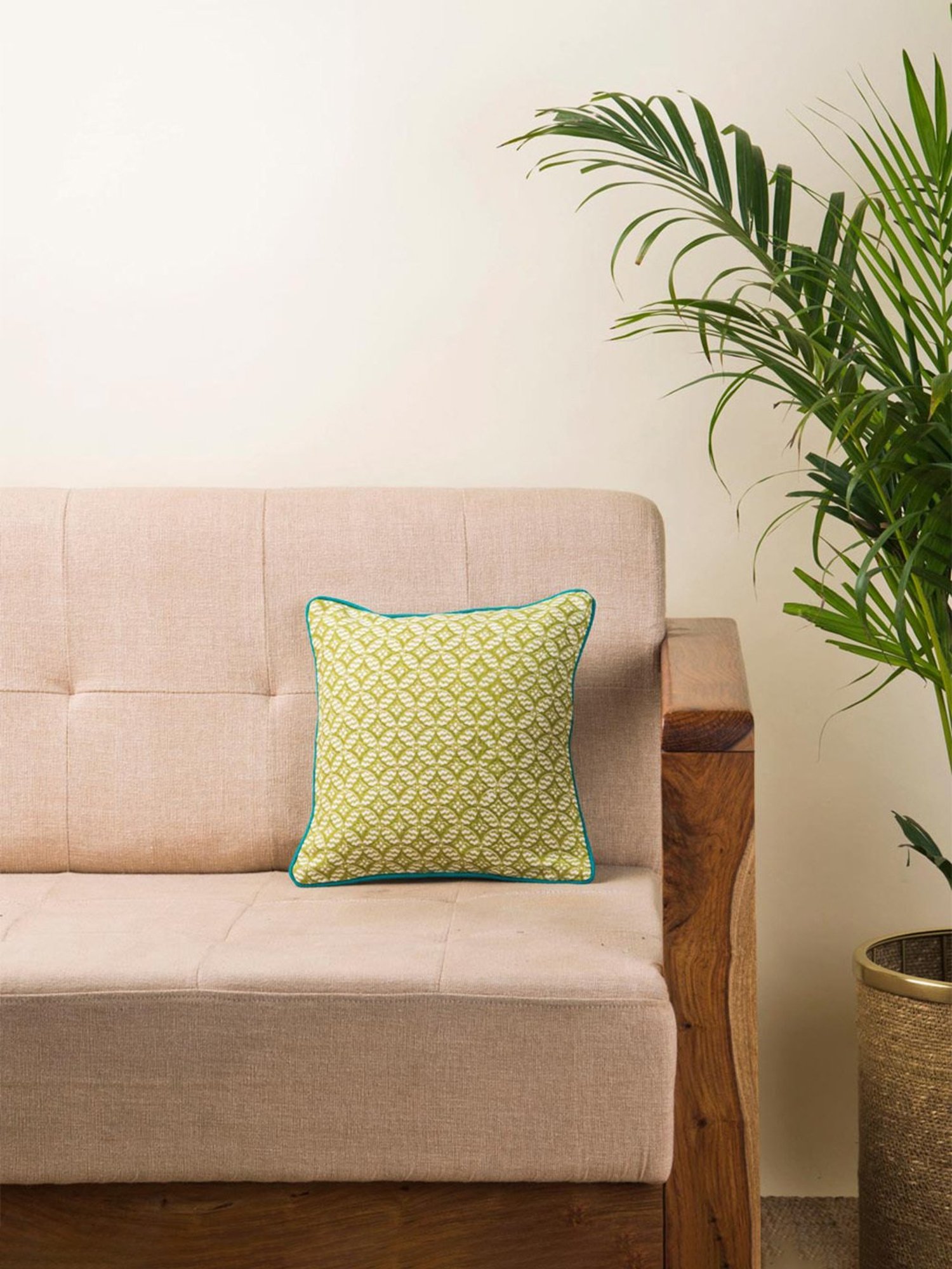 Fabindia Blue & Green Cotton 49 TC 240 GSM Magnolia Cushion Cover